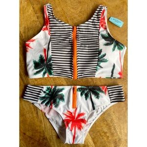 NWT Cupshe Zipper Front Palm Print Bikini Set XL